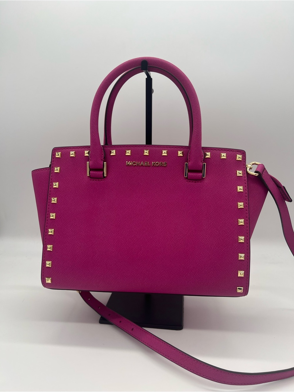 Michael Kors Selma Studded Medium Saffiano Leather Crossbody – Magenta/Pink